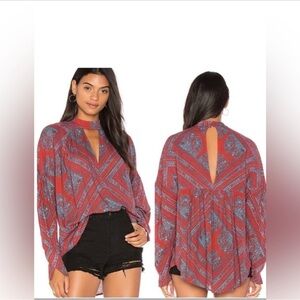Free People Walking On A Dream Tunic Long Sleeve‎ Shirt Red Blue Size Small
